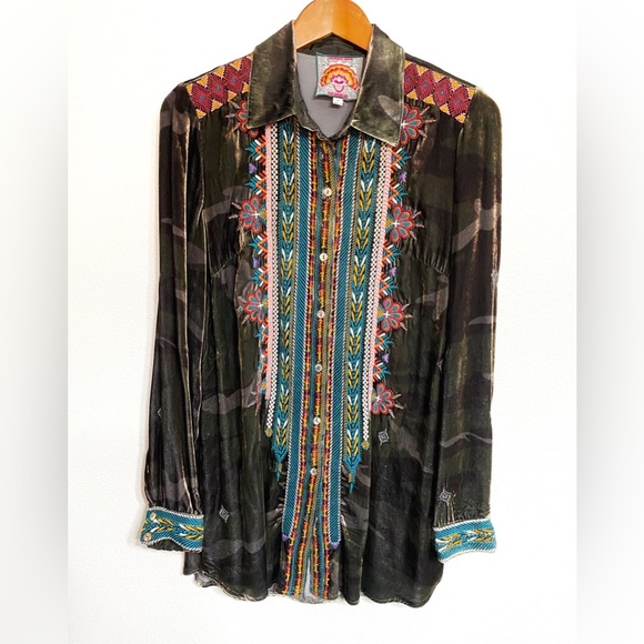 Johnny Was Tops - Johnny Was Shanelle Camo Velvet Tunic Top with Embroidered Details